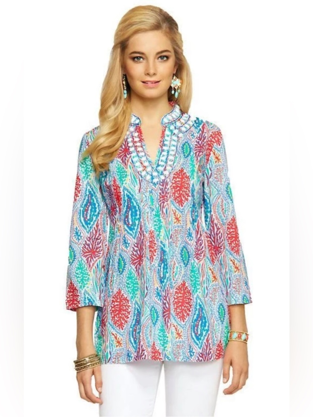 Lilly Pulitzer Sarasota Coral Multicolor Print Beaded Embellished 3/4 Tunic XS